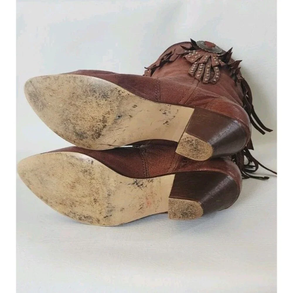 Vintage Brown Concho Fringed Western Boots  Boho Cowgirl Tassel Festival  90s 7